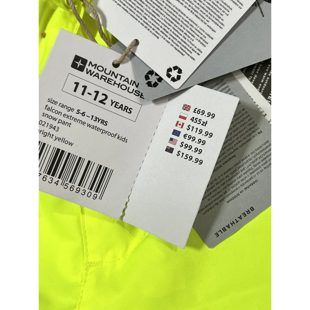 Mountain Warehouse Falcon Extreme Waterproof Kids Snow Pants Sz 11-12 NWT Neon